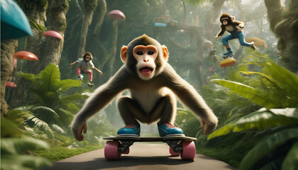 An exuberant monkey wearing roller skates, zipping through a jungle obstacle course - obrazy, fototapety, plakaty