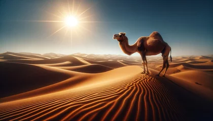 Foto auf Alu-Dibond a distant camel in the desert under a bright sun and a clear blue sky wallpaper background  © Raven