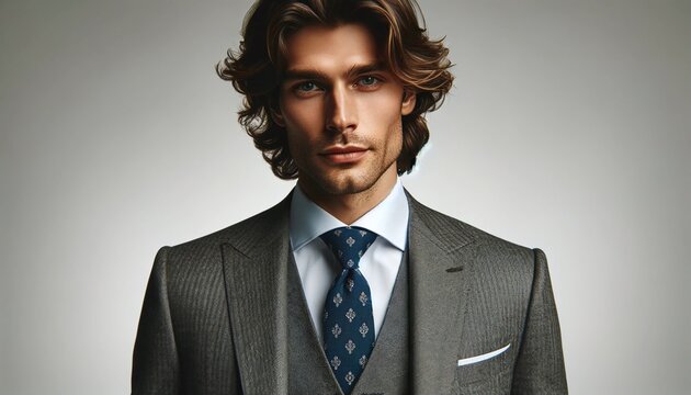photography a confident handsome man with shoulder-length wavy hair business suits tie