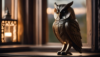 An intricately carved wooden owl perched on a moonlit windowsill