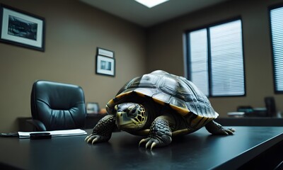 turtle on the table in office - obrazy, fototapety, plakaty