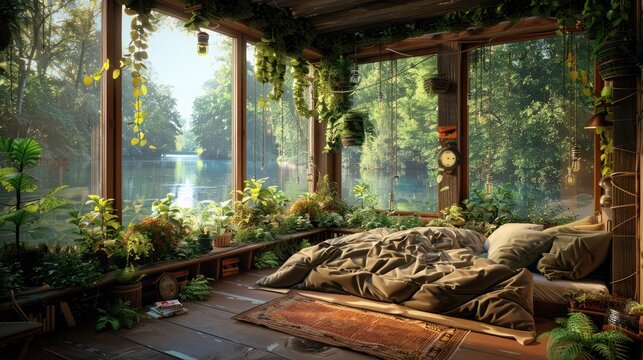 relaxing cozy bedroom in eco house in nature, river design windows trees decoration idyllic