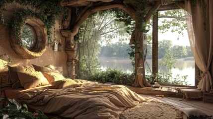 relaxing cozy bedroom in eco house in nature, river design windows trees decoration idyllic - obrazy, fototapety, plakaty