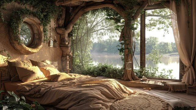 relaxing cozy bedroom in eco house in nature, river design windows trees decoration idyllic