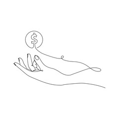 Donution, outstretched hand and coin with dollar sign. Concept of donation, help. Vector. Hand drawing in the style of one continuous line