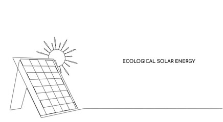Ecological energy, solar panels with sun, green clean energy. Ecological power plant. One continuous line. - obrazy, fototapety, plakaty