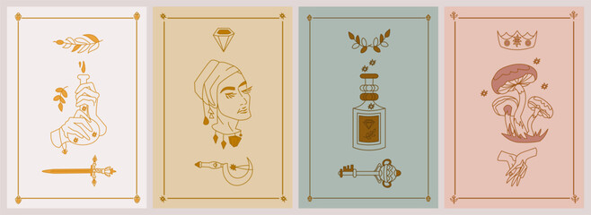 Set of esoteric posters. Woman with headwrap, druid sickle, branch, Magical poison with diamond, key, mushroom, hands with interlaced fingers, crown Boho style vector outline illustration.