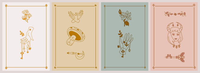 Set of esoteric posters. Hand holding magical amulets, key, mystic flower, branches, spotted mushroom, druid sickle, girl with horns and bells, key with wings Boho style vector outline illustration.