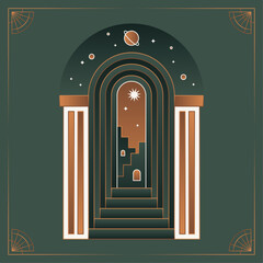 Boho frame arch vector illustration modern minimalistic retro aesthetic linear arc portal logo bohemian design element mystical geometric abstract border