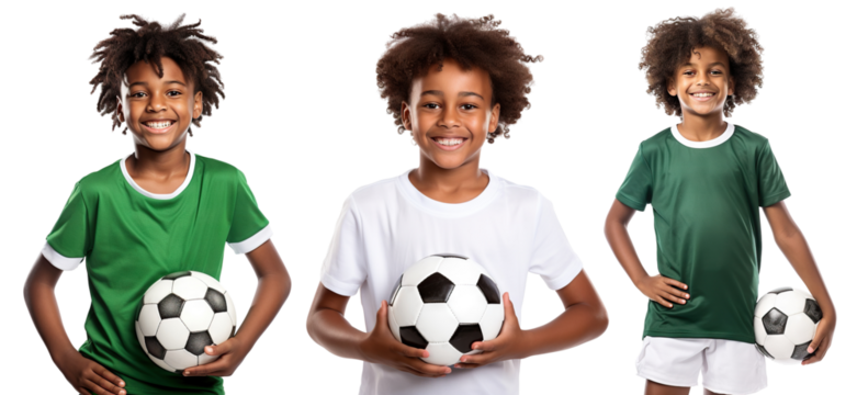 Set of happy young African American football (soccer) players, cut out