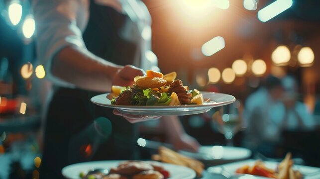 food stylist decorating meal for presentation in modern restaurant, closeup shot of waiter serving food