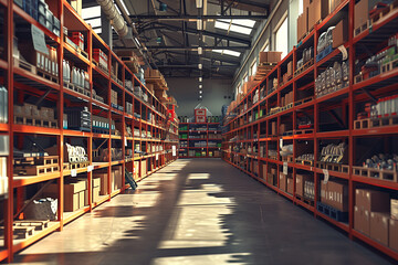 Interior of a warehouse with shelves and racks