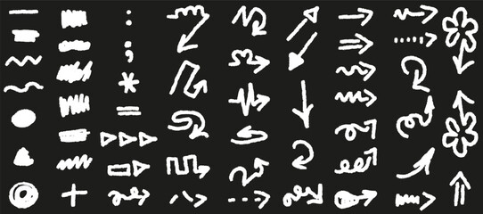 Big Set Doodle Hand Drawn elements isolated on white backdrop. Doodle brush collection in Chalk style. Retro grunge Arrow, grid and underline. Vector illustration. EPS 10	