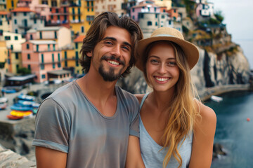 Fototapeta na wymiar Portrait of a young couple on vacation against the background of an ancient European town