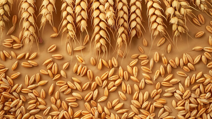 ears of wheat on a brown background. top view. food background