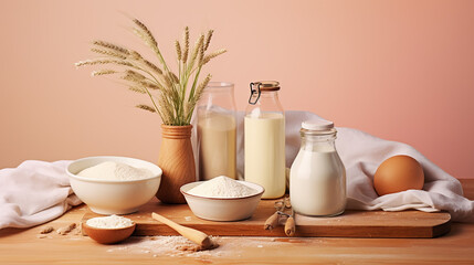 Fototapeta na wymiar Bakery recipe. Ingredients and utensils for baking on a pastel background
