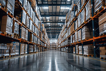 Fototapeta premium warehouse shelves with boxes, worker in warehouse, warehouse, warehouse workers in warehouse, person in a warehouse
