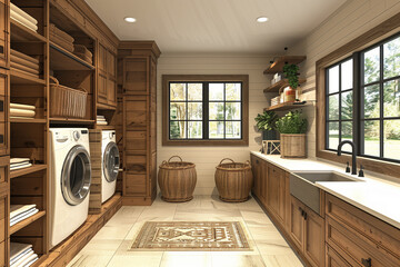 Interior of a cozy wooden laundry room in a modern house