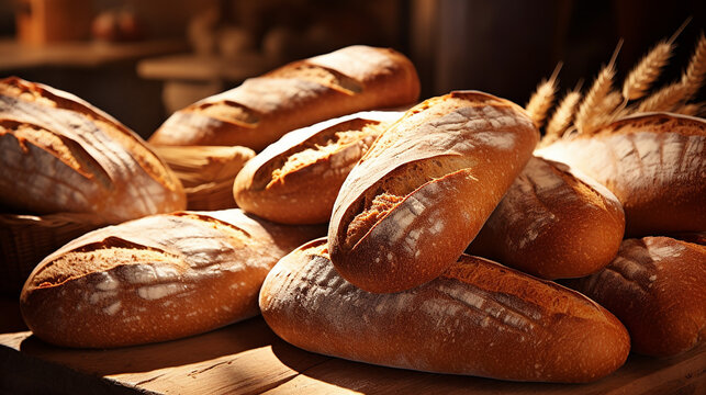 Close up lots fresh crisp loaves of bread background