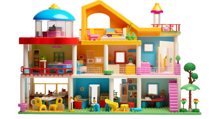 Colorful Plastic Dollhouse with Furniture on transparent background