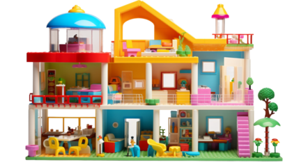 Colorful Plastic Dollhouse with Furniture on transparent background