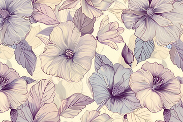 Fototapeta na wymiar Seamless pattern with hand drawn hibiscus flowers. Floral illustration for card, textile, print, wallpapers, wrapping.