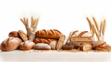 Panorama of fresh bread products isolated on white background with grain