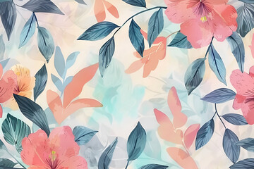 Seamless pattern with watercolor hibiscus flowers and leaves. Floral illustration for card, textile, print, wallpapers, wrapping.