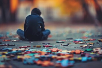 Child boy with autistic disorder sitting in park outdoors with multicolored puzzle background. - obrazy, fototapety, plakaty