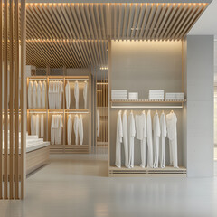 Stylish Wardrobe: A Fashionable Collection of White Clothes on Wooden Racks in a Modern Boutique. 3D render.