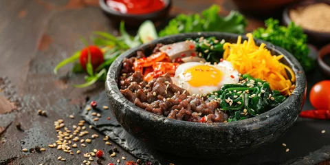 Fototapeten Delicious and Nutritious Bowl of Food with Crispy Fried Egg, Fresh Vegetables, and Flavorful Ingredients on Table © SHOTPRIME STUDIO