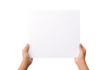 Obraz premium Hand holding blank paper isolated on transparent background Remove png, Clipping Path, pen tool