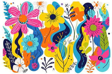 Fototapeta na wymiar Vibrant and Colorful Floral Arrangement with Blue, Pink, Yellow and Orange Flowers and Leaves on White Background
