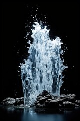 Isolated Waterfall in a Dramatic Black Background - Cascading Water with Splash and Spray Details in Abstract Liquid Design