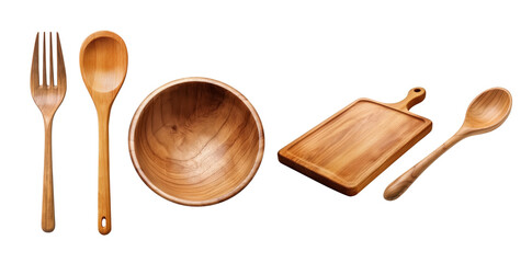 Set of wooden fork,spoon,bowl,teaspoon and wooden cutting board isolated on transparent background.