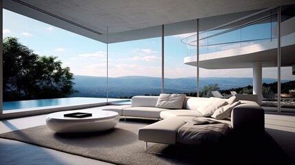 Modern House Interior Design. Luxury Living Room with Stunning View of Cityscape Through Floor-to-Ceiling Glasses