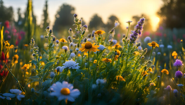 bunte wilde Blumen Kr&auml;uter Bl&uuml;ten in einem alten b&auml;uerlichen Garten im Dunst der Morgensonne goldene Stunde mit Strahlen der Sonne in weichem hellen Licht des Fr&uuml;hling Sommer &uuml;ppige Sch&ouml;nheit Natur