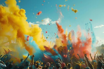 A crowd joyously throws colorful powders into the air creating a mesmerizing explosion of hues during the Festival of Colors. The jubilation and unity as people revel in the spirit of the celebration.