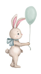 Cute baby bunny with an air balloon. Children's illustration. Hand drawn watercolor. Baby shower, birthday, children's party. Design element for print, invitations, posters, greeting cards, logos, etc