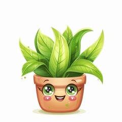 Cute, potted houseplant with eyes, kawaii, style, 3d, on a white background, illustration.