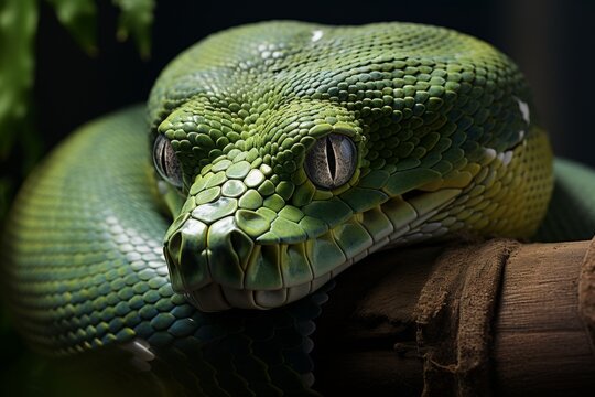 A lithe green tree python draped over the sturdy branch of a towering tree, its emerald scales blending seamlessly with the verdant foliage