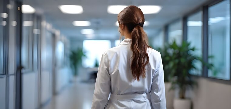 Doctor Walk in the Hospital. Back view of a young doctor woman walking in a hospital lobby.