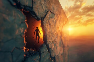 A person breaks through a symbolic wall that represents their limitations. The image captures the moment of courage and triumph, with the individual bathed in a metaphorical light of newfound strength - obrazy, fototapety, plakaty