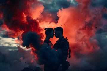 Fototapeta na wymiar soldier kissing his wife, in the midst of red and gray smoke
