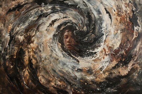 A person surrounded by swirling brushstrokes that symbolize the battles against inner demons. The triumph over personal weaknesses.