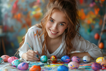 Fototapeta na wymiar Smiling girl enjoying painting colorful Easter eggs. Joyful springtime activity and creativity concept with copy space for design and greeting card