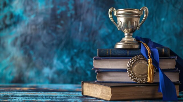 golden trophy and medal on stack of books representing academic and business accomplishments, offering empty space for customized text and messages