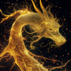 Transparent realistic hologram of a legendary dragon. Glowing gold color with a pure radiance.