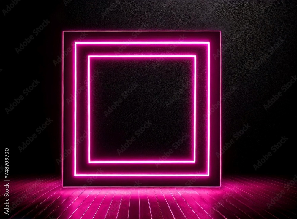 Sticker Pink neon frame isolated on black background with space for text