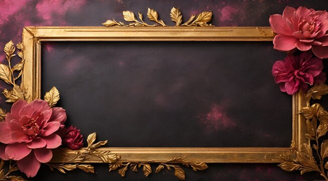 Beautiful and ethnic blank floral frame with dark background photography for royal events, Golden floral frame with pastel color flowers, AI generated